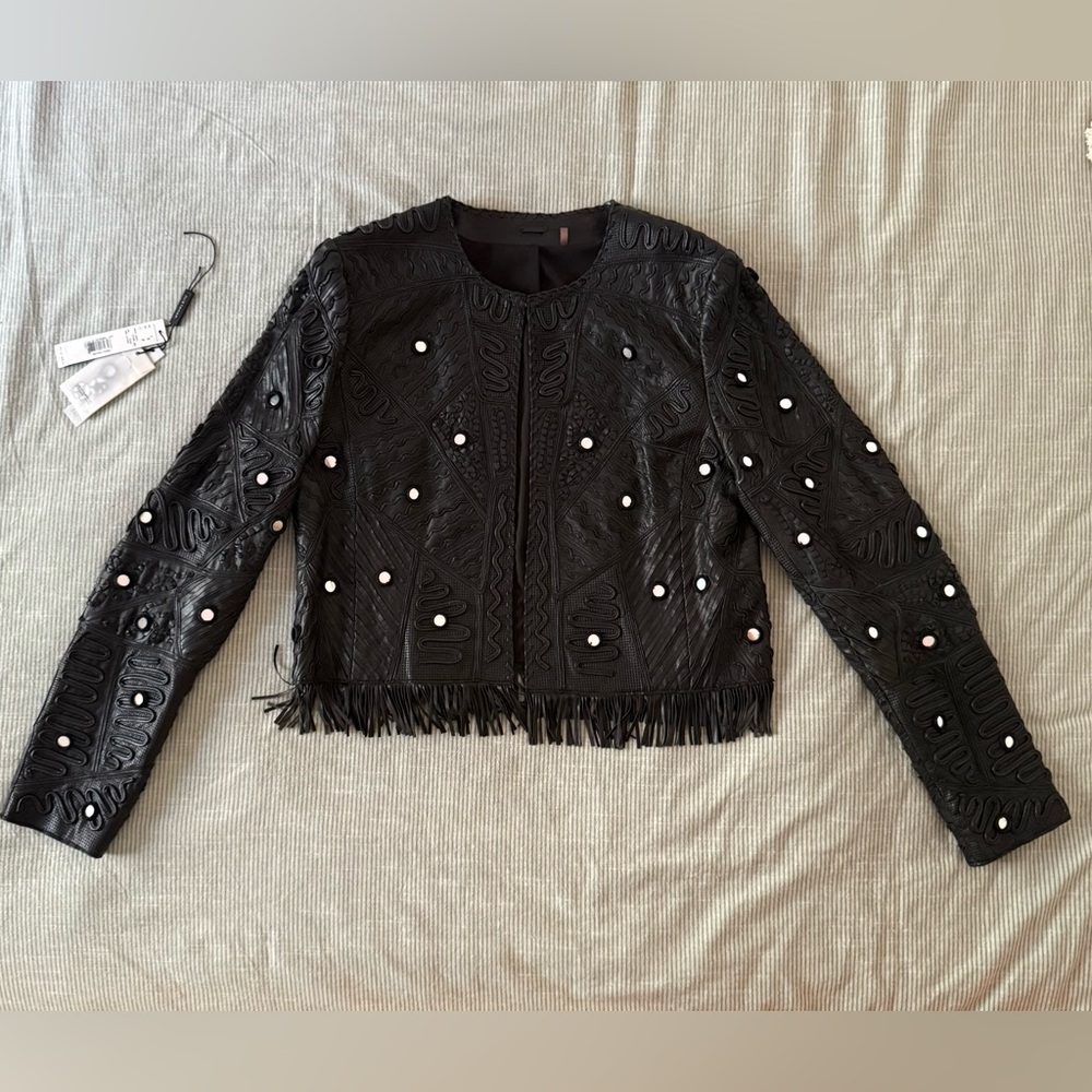 Elie Tahari leather fringe jacket with mirror details